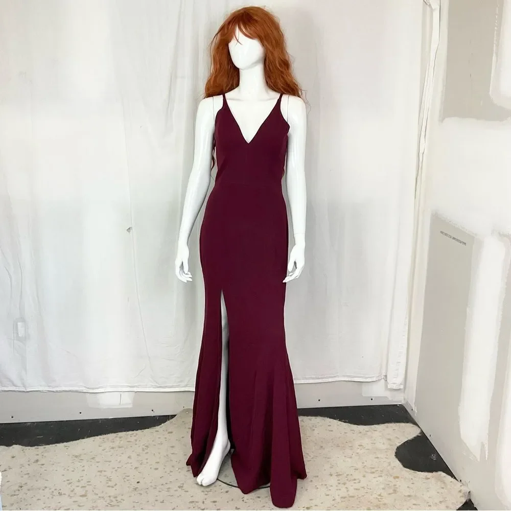 NEW Dress The Population Burgundy Iris Crepe Maxi Formal Gown S